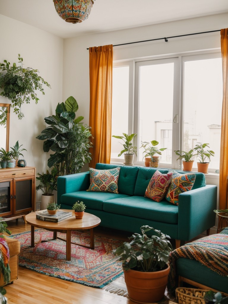 Bohemian-inspired apartment living room ideas, incorporating mix-and-match patterns, vibrant colors, and plenty of plants for a free-spirited vibe.