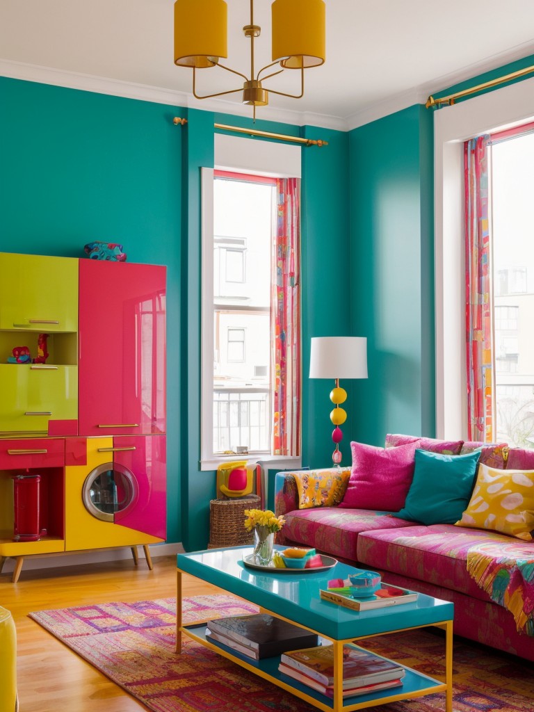 Bright and colorful apartment living room ideas, using vibrant hues, bold prints, and playful accessories to create an energetic and cheerful atmosphere.