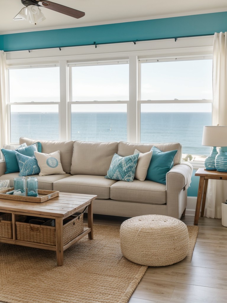 Coastal-themed apartment living room decor, incorporating beachy colors, nautical accessories, and natural textures to bring a relaxing coastal vibe indoors.