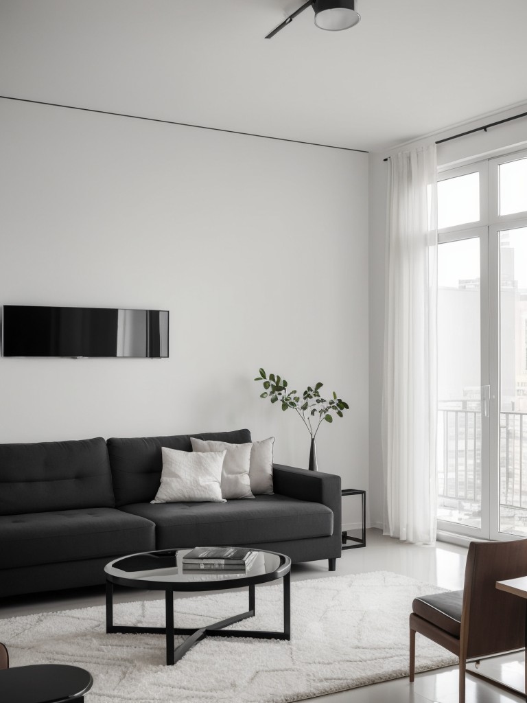 Contemporary apartment living room design, emphasizing sleek lines, minimalist furniture, and a monochromatic color palette for a sophisticated and clean aesthetic.