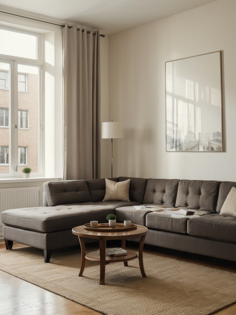 Cozy apartment living room inspiration with tufted sofas, layered rugs, and soft lighting for a relaxed atmosphere.