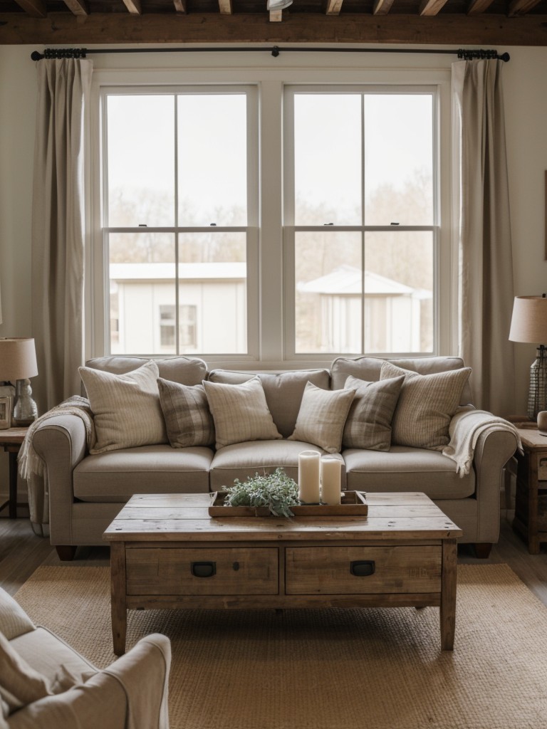 Farmhouse-style apartment living room design, combining rustic accents, neutral colors, and cozy textiles for a comfortable and welcoming space.