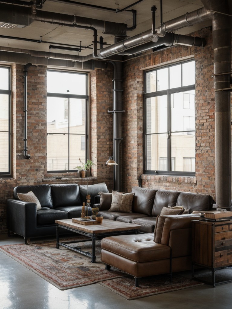 Industrial chic apartment living room design, featuring exposed pipes, raw materials, and vintage accents for a cool and urban ambiance.
