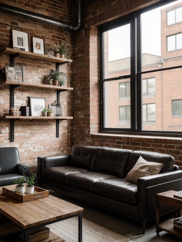 Industrial-style apartment living room with exposed brick walls, open shelving, and vintage furniture for a chic and edgy look.