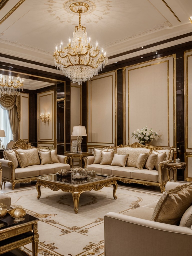 Luxury apartment living room decor with high-end furniture, opulent fabrics, and a statement chandelier to create a lavish and elegant ambiance.