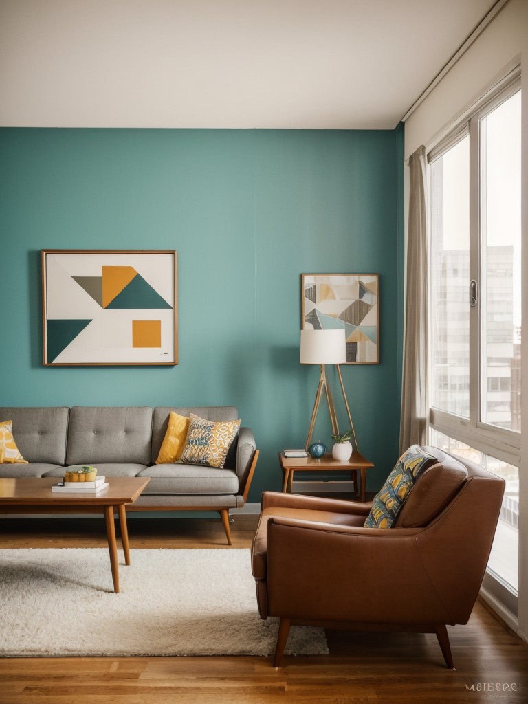 Mid-century modern apartment living room with iconic furniture pieces, geometric patterns, and a retro-inspired color scheme for a timeless look.