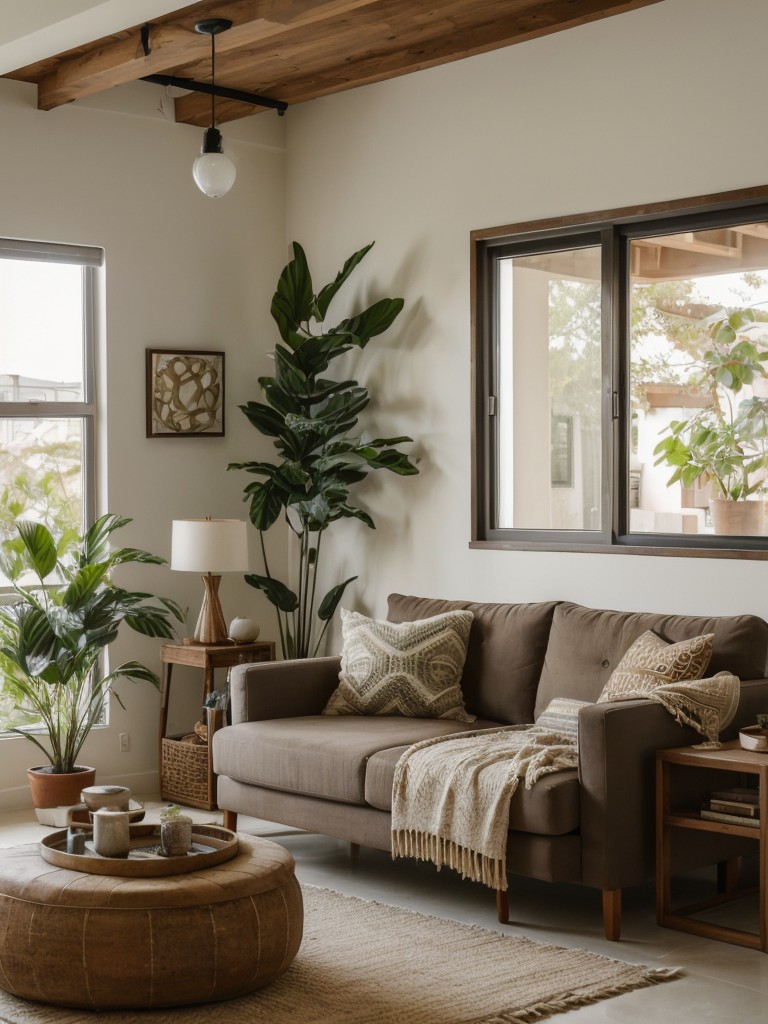 Modern boho apartment living room decor, blending contemporary furniture, earthy tones, and global-inspired accessories for a relaxed and eclectic vibe.