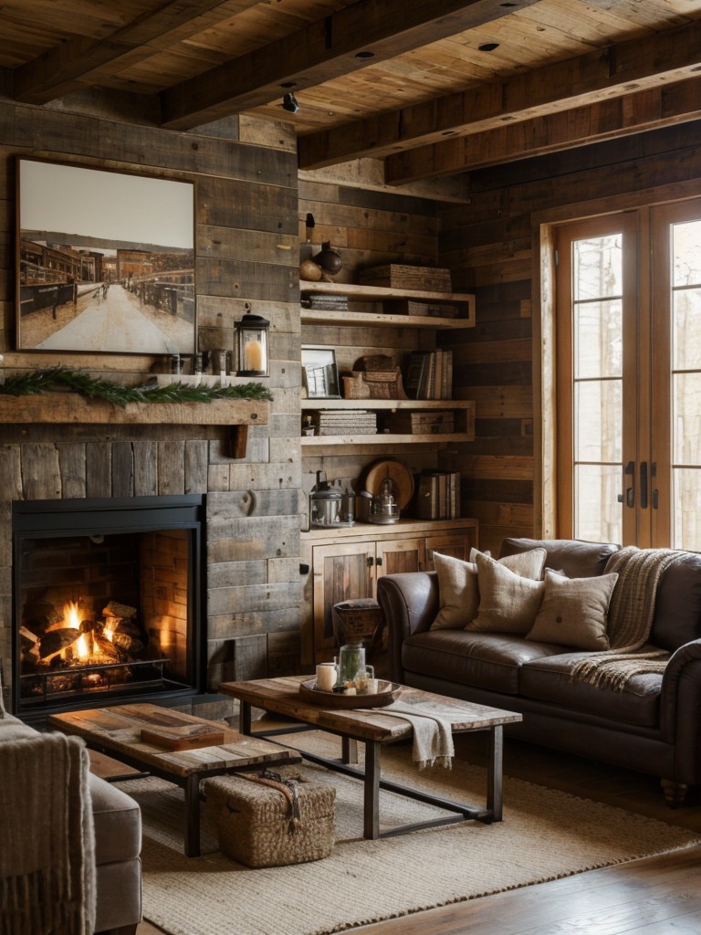 Rustic apartment living room ideas, featuring reclaimed wood accents, cozy textiles, and a fireplace for a warm and inviting atmosphere.