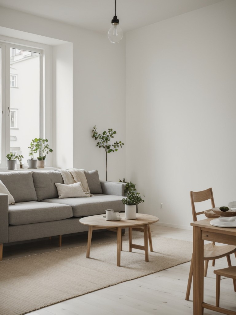 Scandinavian apartment living room design, emphasizing minimalism, natural materials, and neutral color palette for a fresh and airy feel.