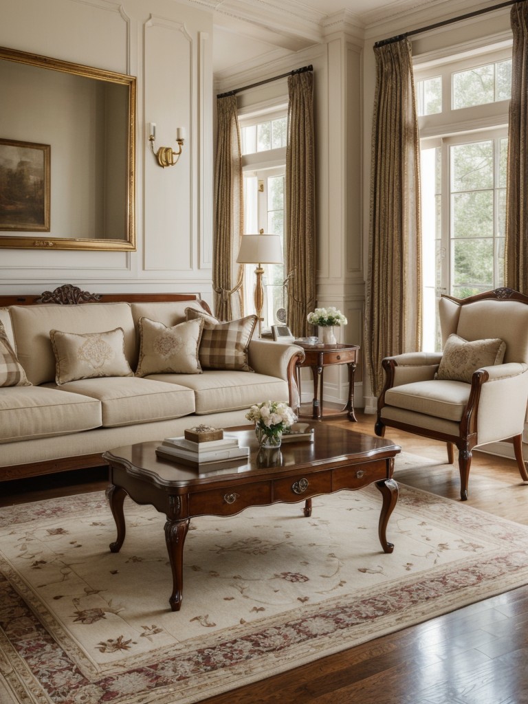 Traditional apartment living room decor, incorporating classic furniture, timeless patterns, and rich colors for an elegant and refined space.