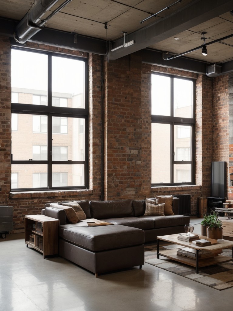 Urban loft-inspired apartment living room ideas, featuring open layouts, exposed brick walls, and industrial-style furniture for a trendy and urban feel.