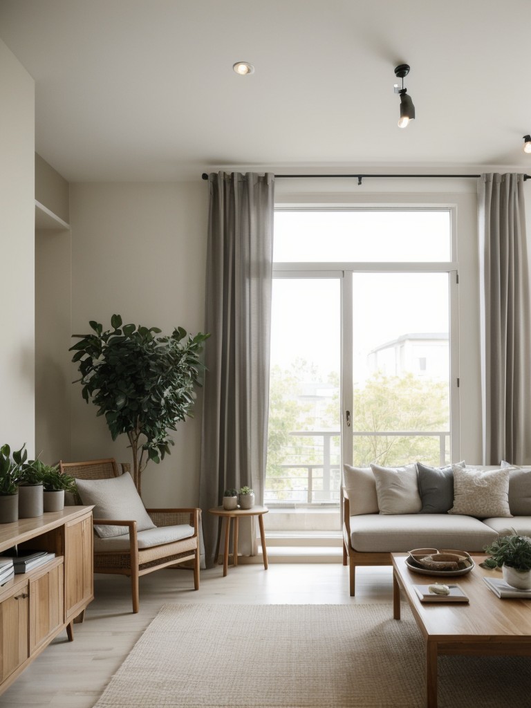 Zen-inspired apartment living room decor, focusing on simplicity, natural elements, and a calming color scheme to create a serene and tranquil space.