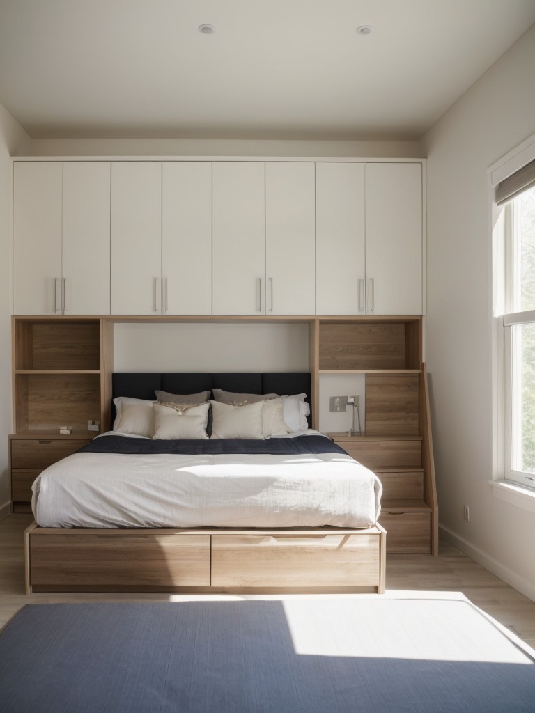 Consider incorporating a raised platform bed with built-in storage underneath to maximize space in a compact bedroom.