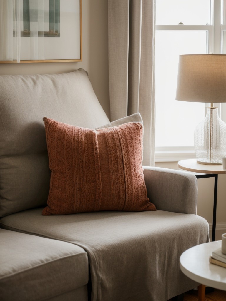 Creating a cozy atmosphere in a studio apartment through the use of textiles like throw pillows, blankets, and curtains.