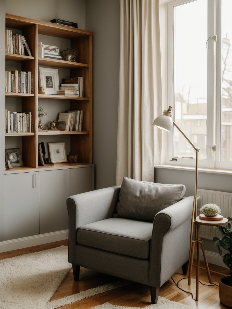 Creating a cozy reading nook in a studio apartment with a comfortable armchair, a stylish floor lamp, and a small bookshelf for storing favorite reads.