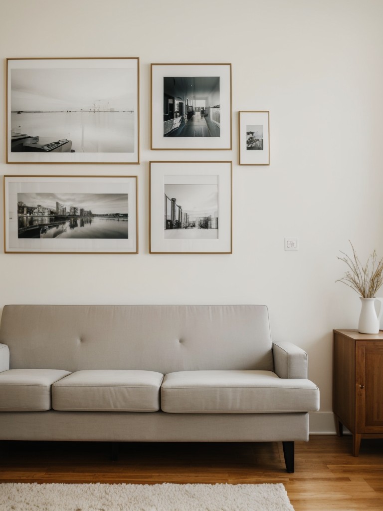 Creating a gallery wall in a studio apartment, displaying personal photographs, artwork, and mirrors to add visual interest and make a statement.