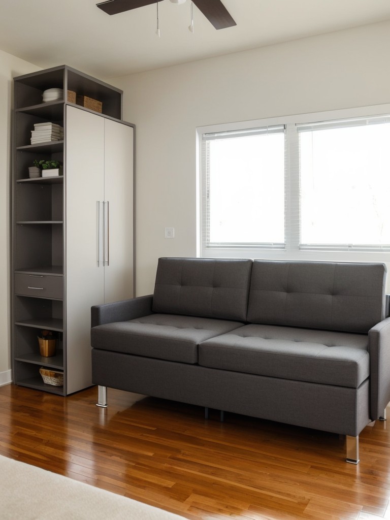 Creative space-saving solutions for a studio apartment, utilizing multifunctional furniture like a convertible sofa, murphy bed, or folding dining table.