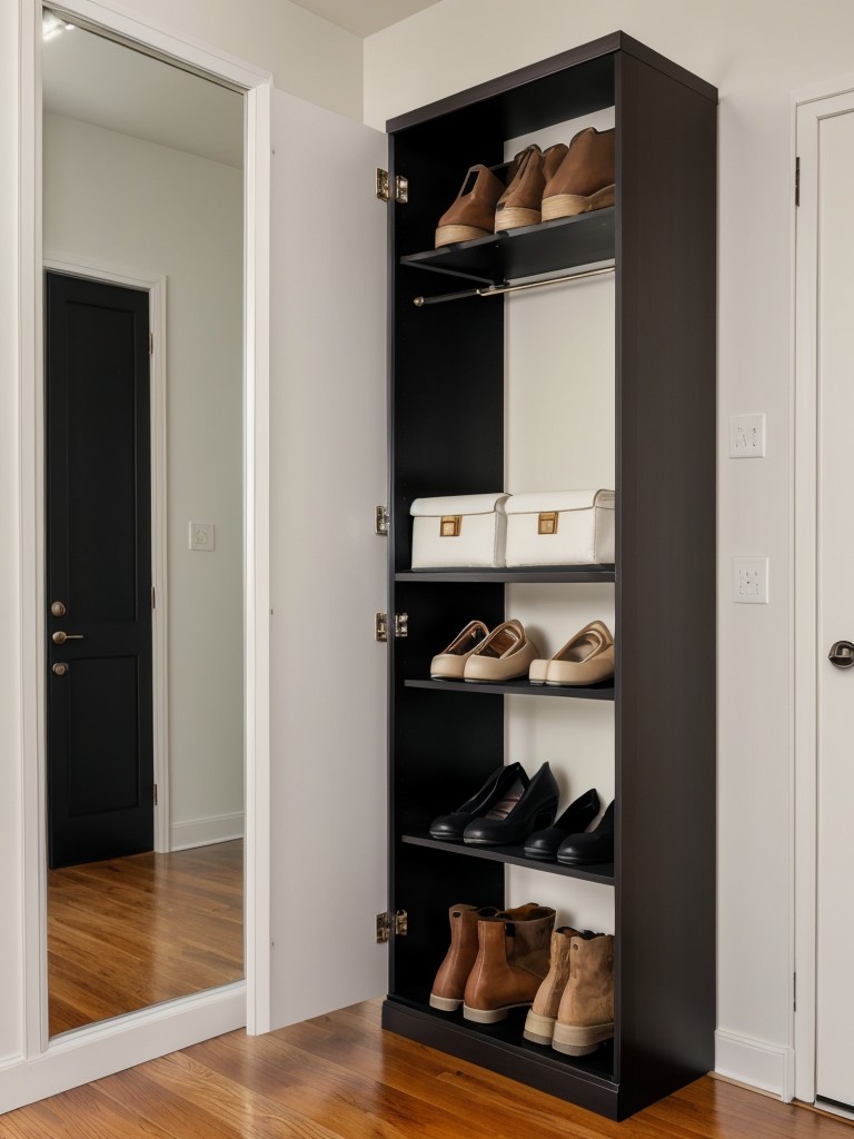 Designing a stylish and functional entryway in a studio apartment, using a compact shoe storage cabinet, a decorative mirror, and wall hooks for keys and bags.