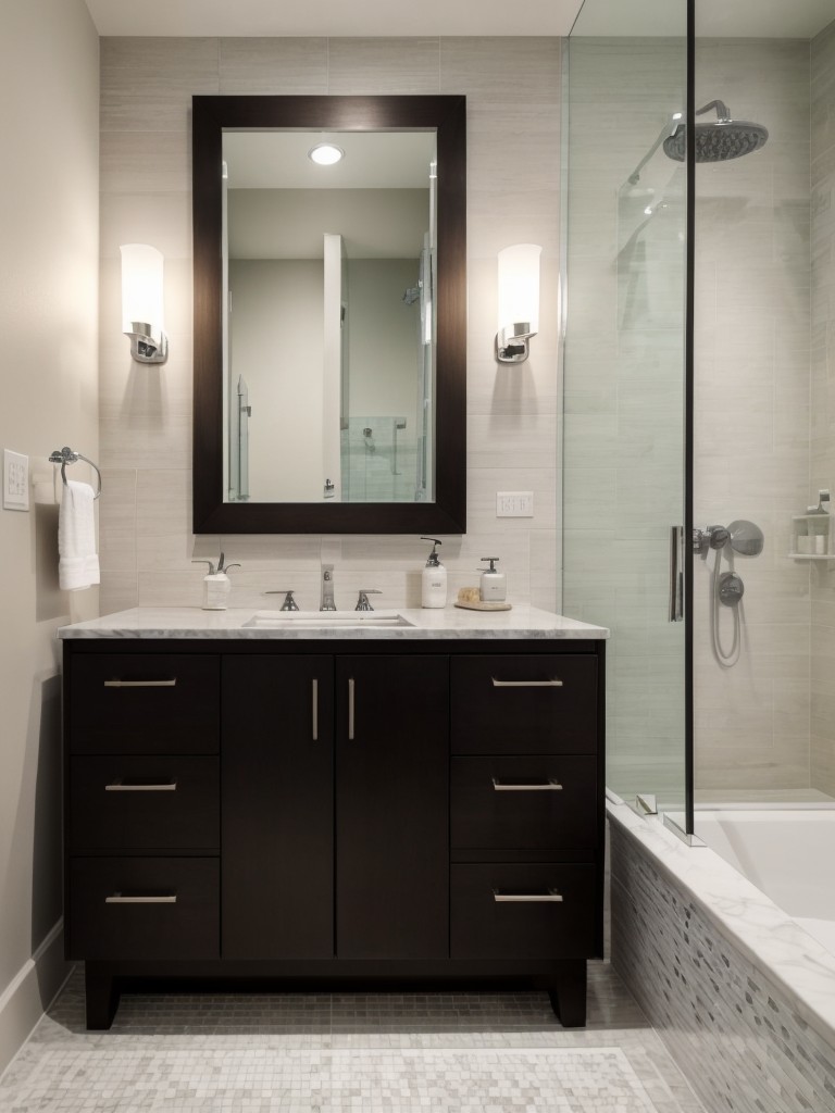 Enhancing the bathroom of a studio apartment with luxurious additions like a rainfall showerhead, modern fixtures, and a stylish vanity with ample storage.