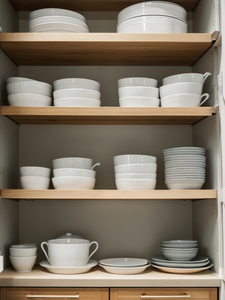 Implementing an open shelving system in a kitchen of a studio apartment to showcase dishware and create an organized and visually appealing space.