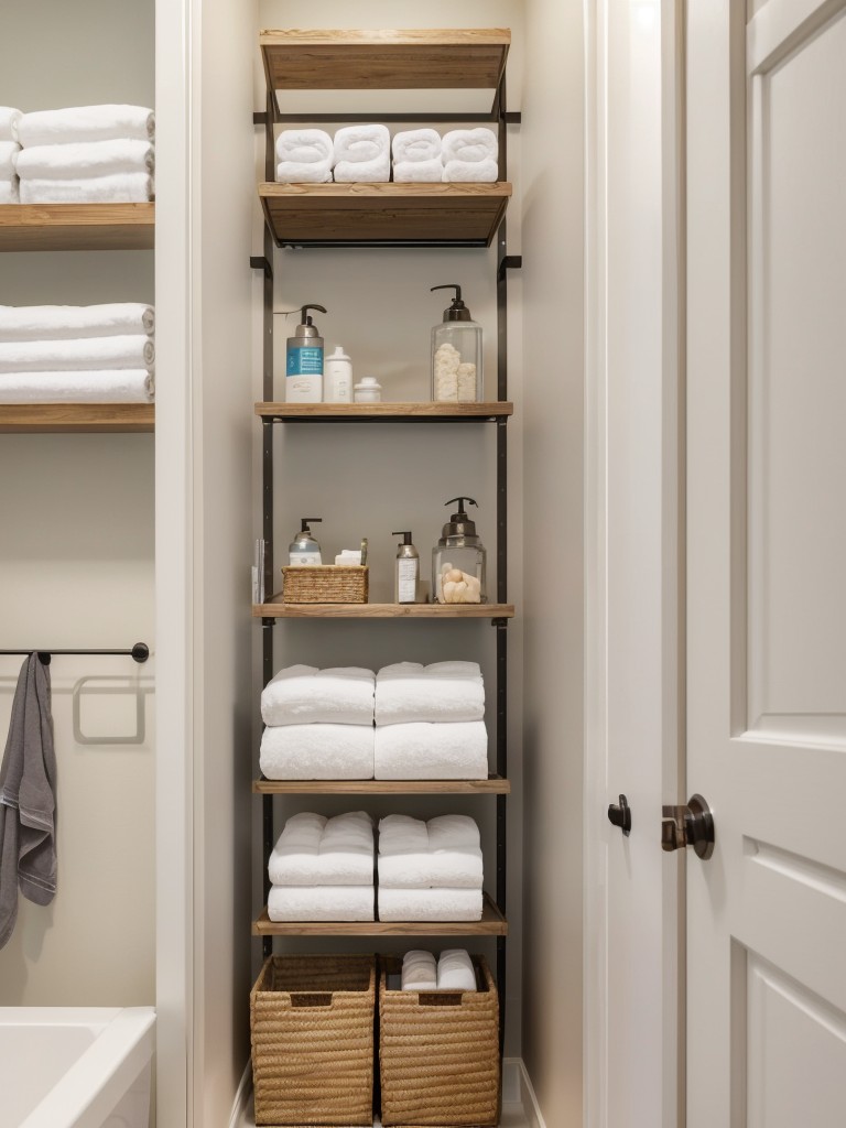 Implementing smart storage solutions in a bathroom of a studio apartment, such as utilizing vertical space with shelves and installing hooks for towels and robes.