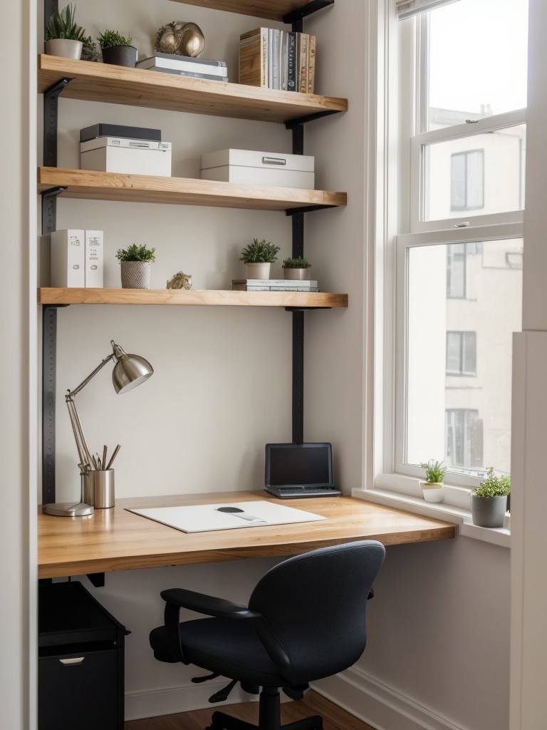 Incorporating a compact workspace within a studio apartment, utilizing a wall-mounted desk, floating shelves, and a comfortable chair.