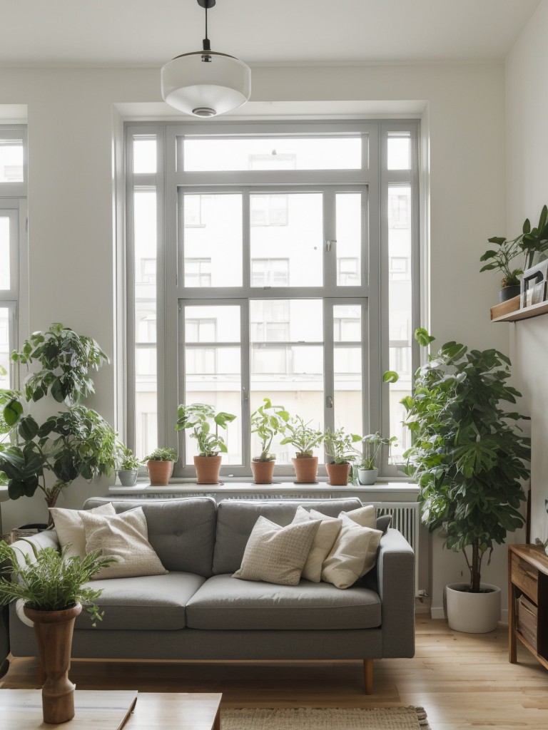 Incorporating small indoor plants and natural elements into the design of a studio apartment to bring in a refreshing and calming ambiance.