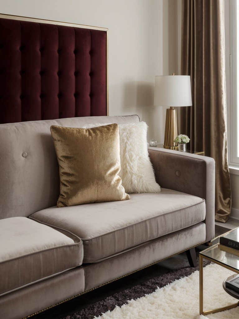 Incorporating a touch of luxury in a studio apartment with small details like velvet throw pillows, faux fur rugs, and metallic accents.