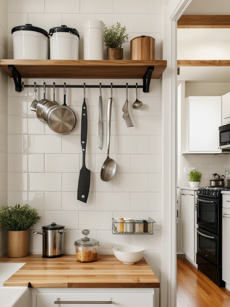 Maximizing kitchen organization in a studio apartment with space-saving storage solutions, such as magnetic knife holders, hanging pot racks, and wall-mounted shelves.