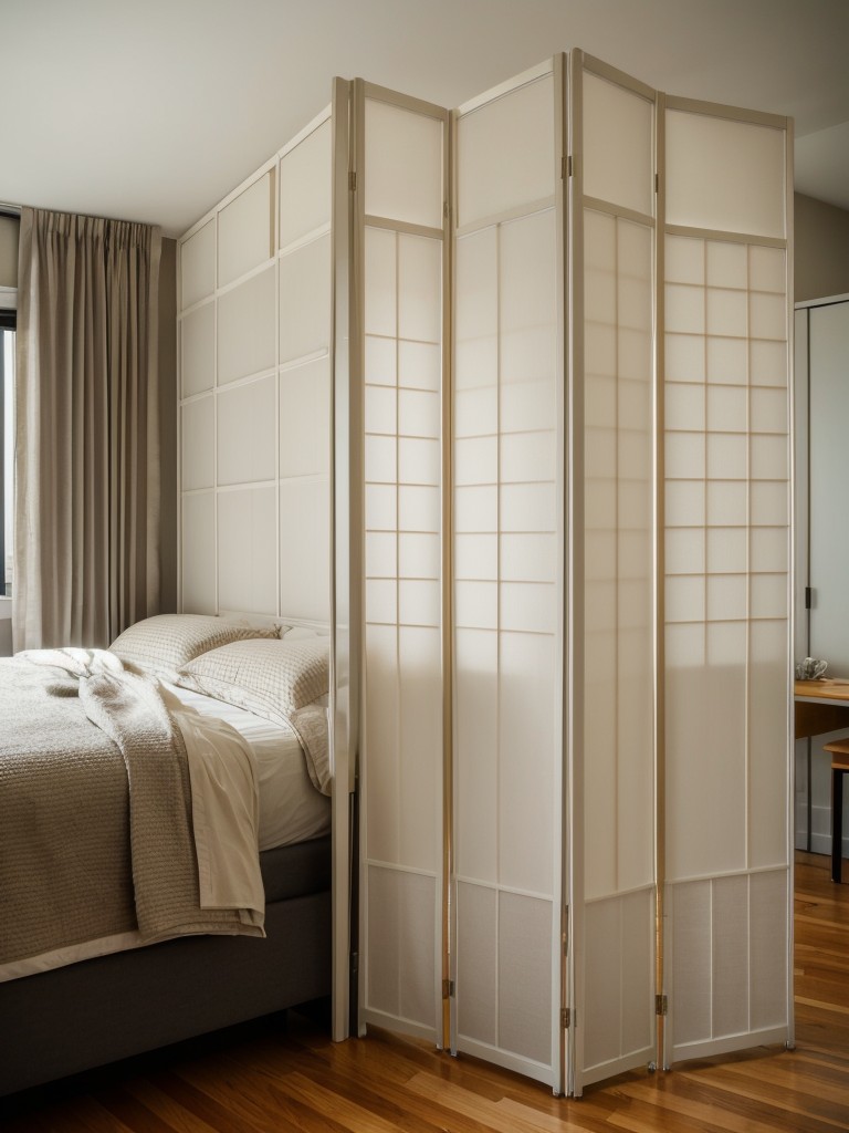 Utilizing decorative room dividers or folding screens to add privacy to a sleeping area while maintaining an open feel in a studio apartment.