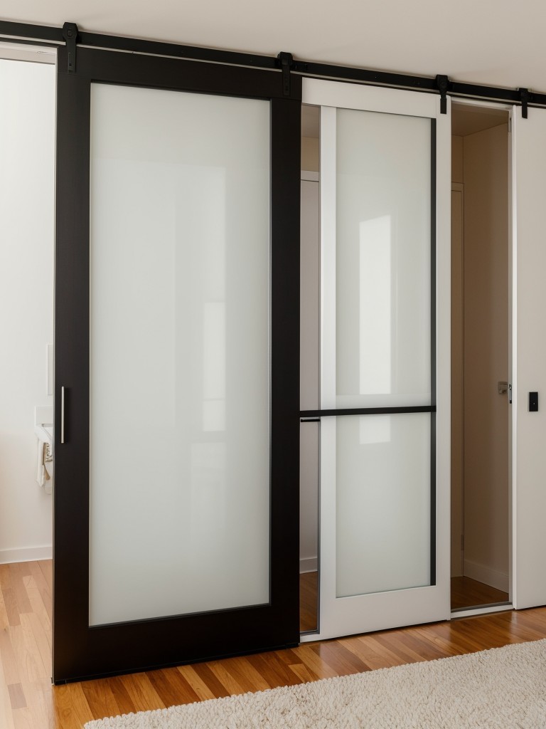 Utilizing sliding doors instead of traditional hinged doors in a studio apartment to save space and create a seamless transition between rooms.