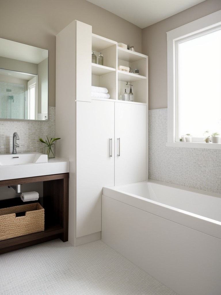 Designing a functional bathroom with storage solutions, such as recessed shelves, and opting for a modern and sleek design.