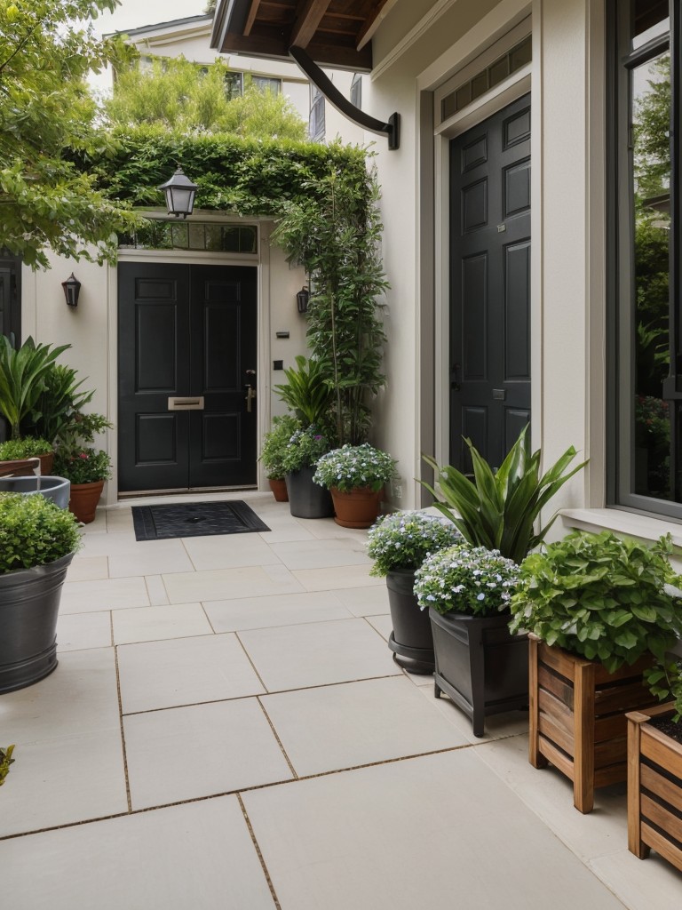 Enhancing the outdoor curb appeal by adding landscaping elements, such as potted plants or a small garden, to the entrance of the apartment.