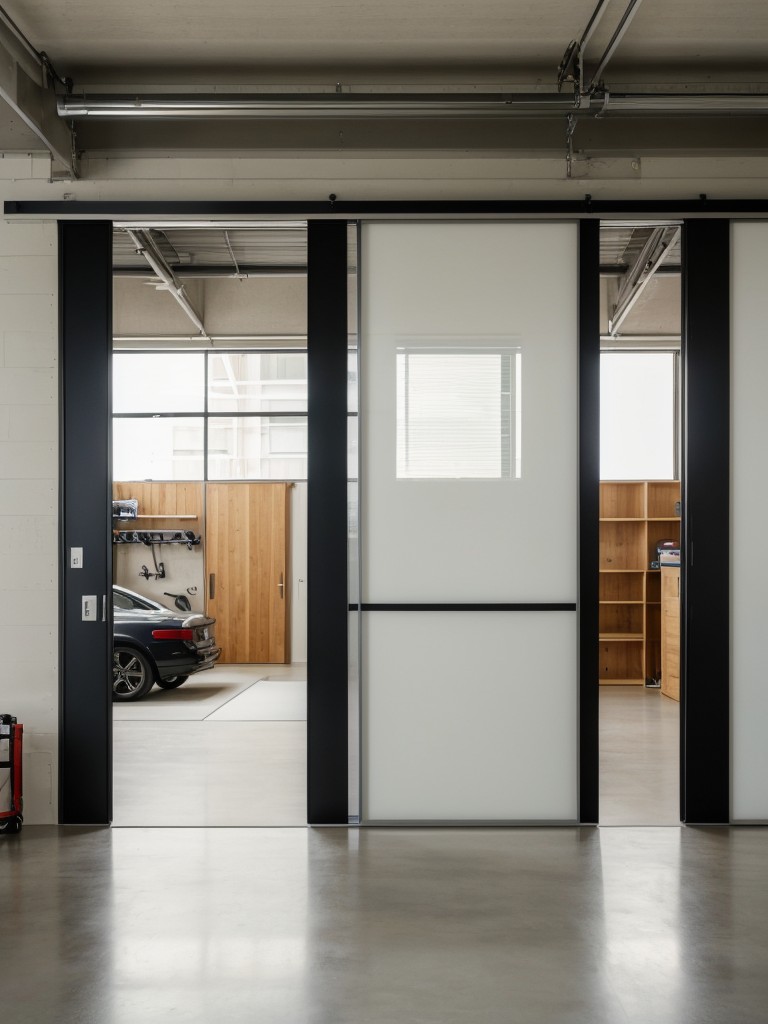 Using sliding doors or room dividers to separate the various living spaces within the garage apartment.