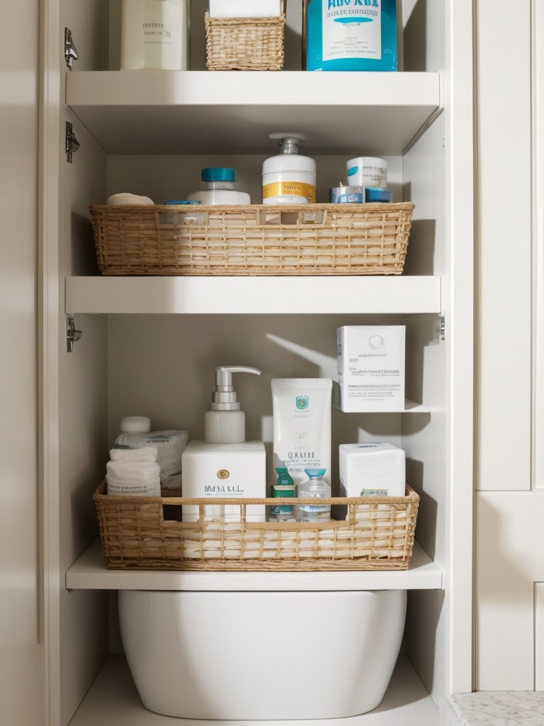 Install smart storage solutions in the bathroom, such as wall-mounted shelves or a vanity with built-in drawers, to keep toiletries organized and countertops clutter-free.