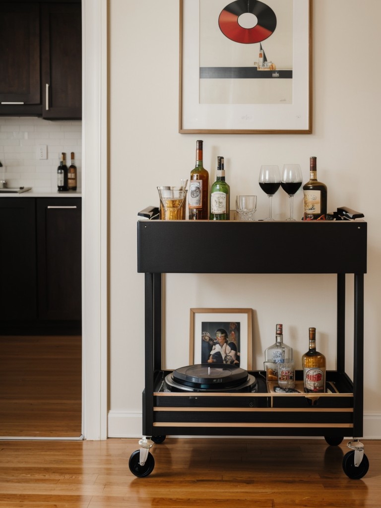 Introduce statement pieces like a modern art installation, a unique bar cart, or a vintage record player to add personality and interest to the space.