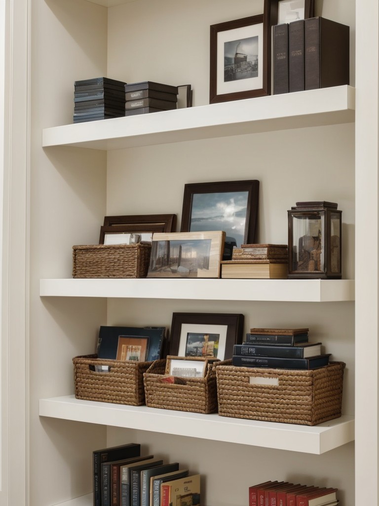 Utilize vertical space by installing floating shelves or wall-mounted storage units for displaying books, collectibles, or personal mementos.