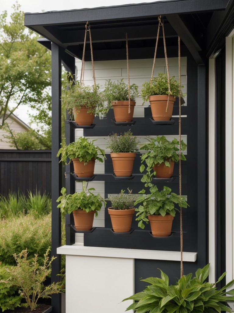 Incorporate vertical planters or hanging pots to bring in natural elements and add visual interest without taking up valuable ground space.