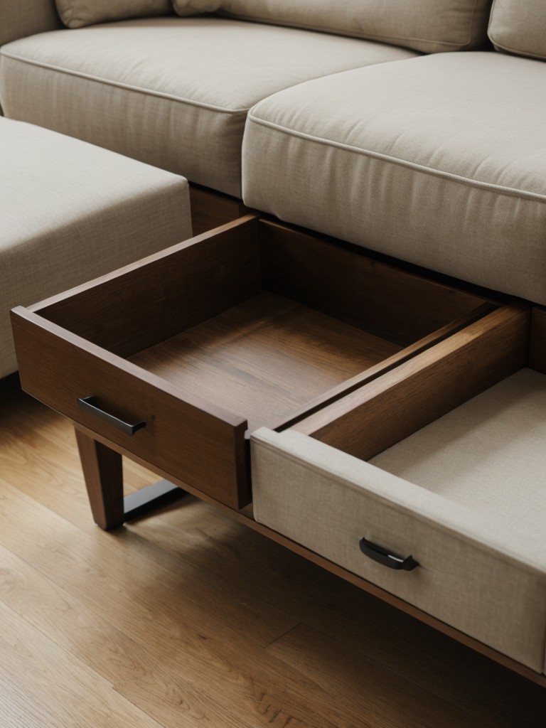 Opt for furniture pieces with built-in storage compartments, such as ottomans or coffee tables with hidden drawers.