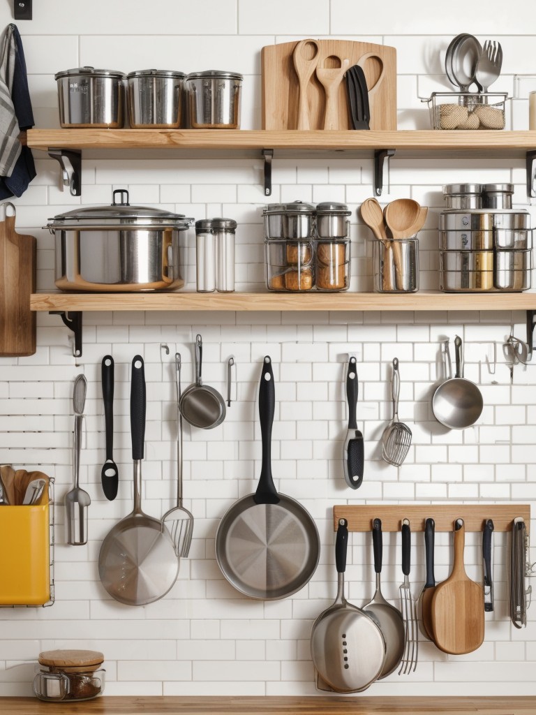 Use wall-mounted hooks, pegboards, or grids to keep frequently used items like keys, bags, or kitchen utensils organized and within reach.