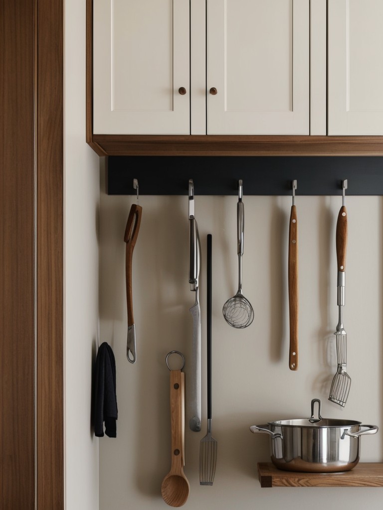 Utilize the walls for vertical storage by installing hanging hooks or racks for items like hats, coats, or kitchen utensils.