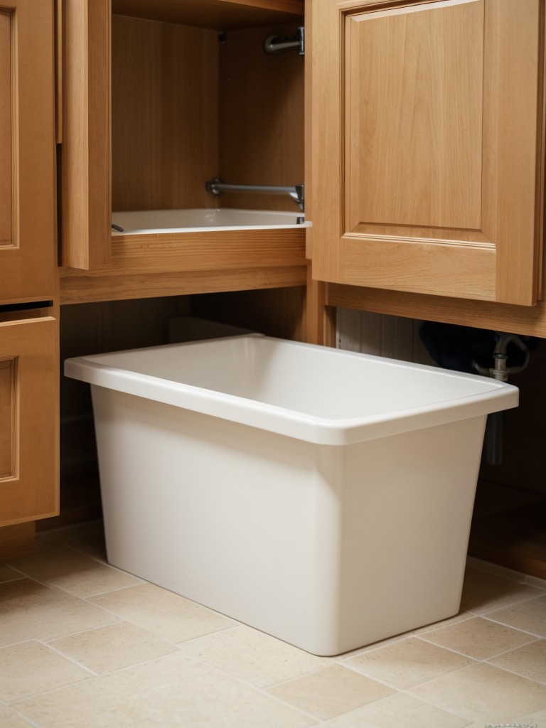 Set up a litter box station inside a bathroom cabinet, utilizing the existing plumbing for easy cleanup.