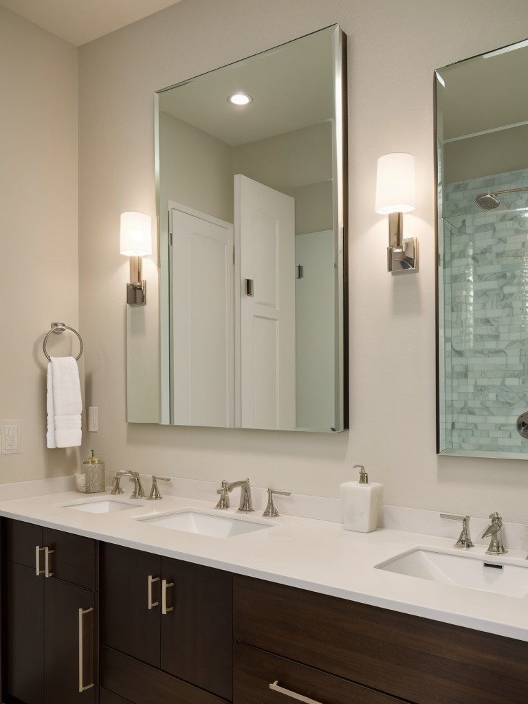 Incorporate a large mirror to reflect light and give the illusion of a larger bathroom.