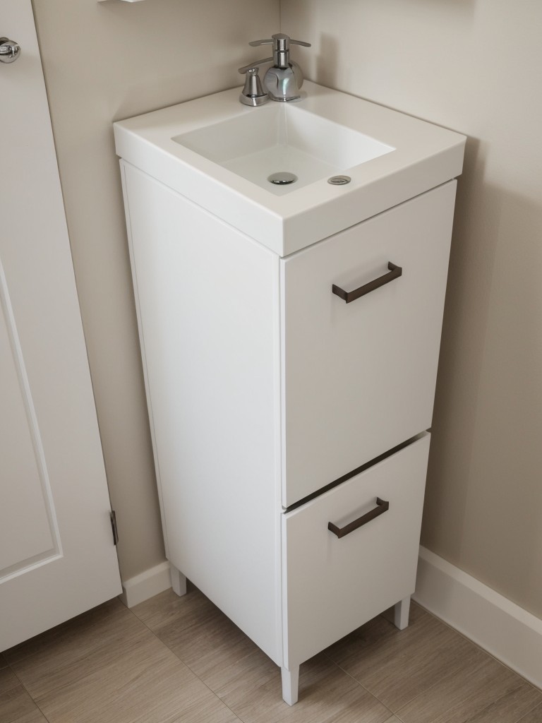 Install a compact yet functional vanity with drawers or shelves for holding toiletries and towels.