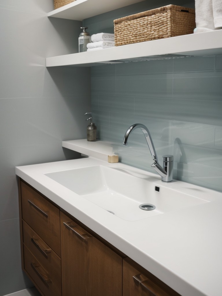 Opt for a pedestal sink or a wall-mounted sink with open shelving below to create a sense of airiness.