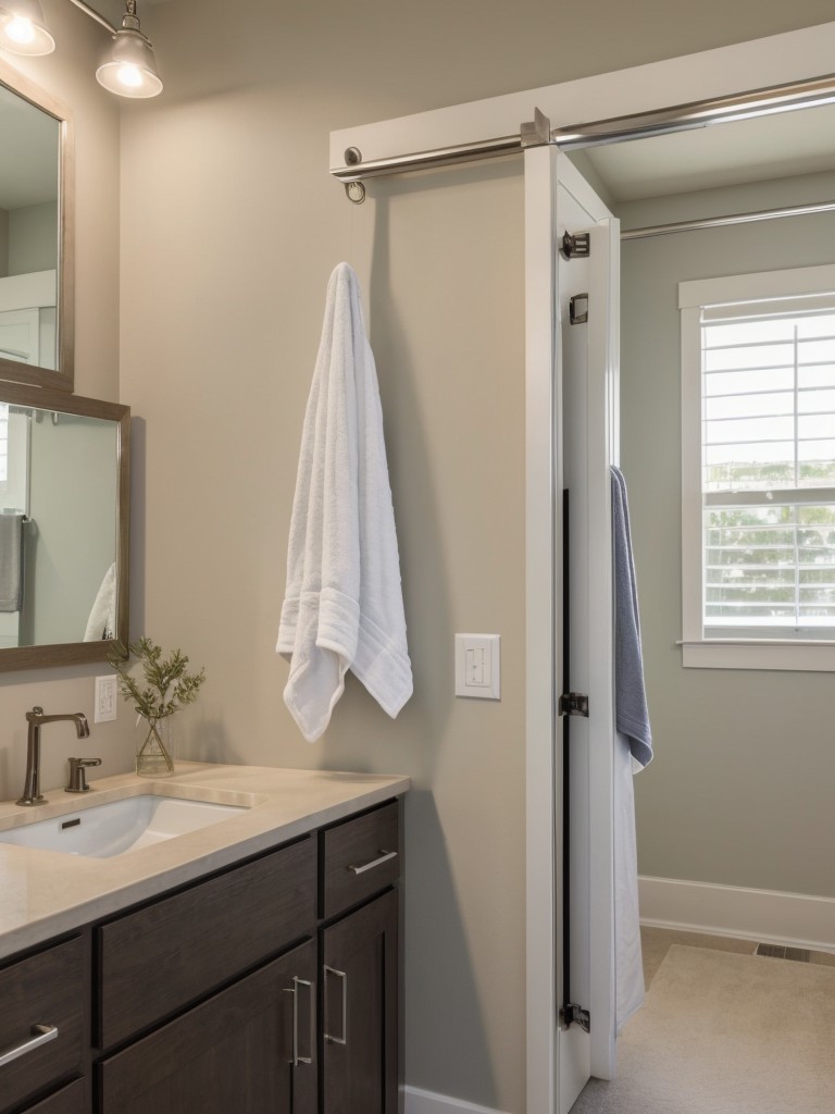 Use a retractable clothesline or hooks on the back of the door for hanging towels and robes.