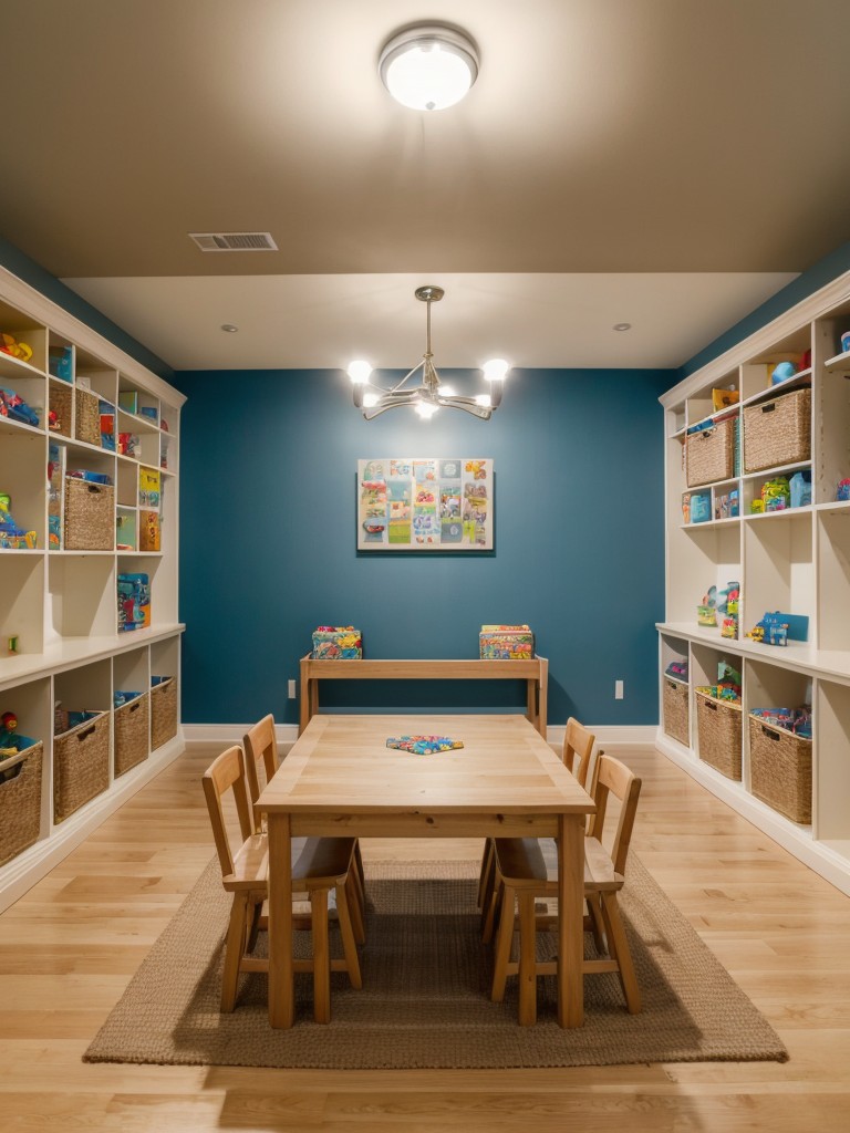 Create a playroom for the kids, featuring designated storage for toys, a cozy seating area, and a table for crafts and games.