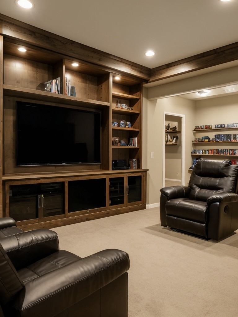 Design a gaming room in the spare room, complete with a large TV screen, comfortable gaming chairs, and built-in shelving for game storage.