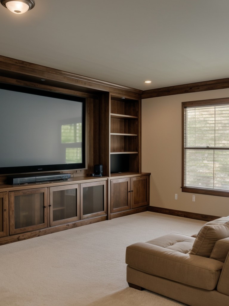 Design a home entertainment room, complete with a large TV or projection screen, comfortable seating, and built-in storage for media devices.