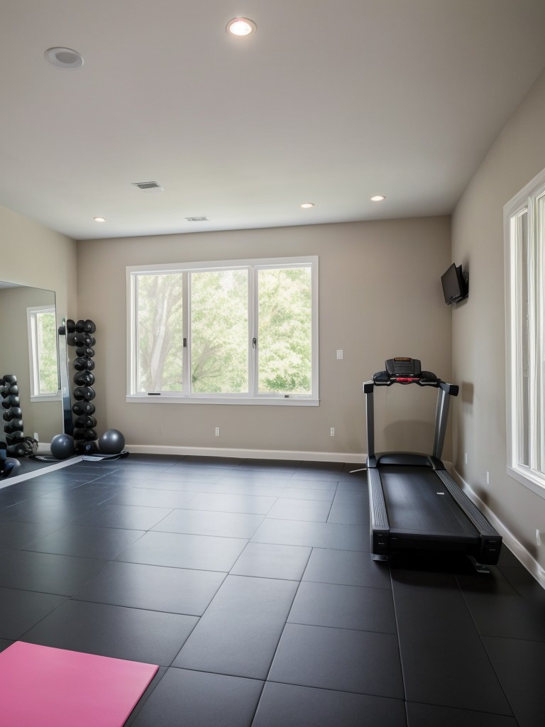 Design a home gym in the spare room, equipped with exercise equipment, mirrors, and rubber flooring for a comfortable workout space.